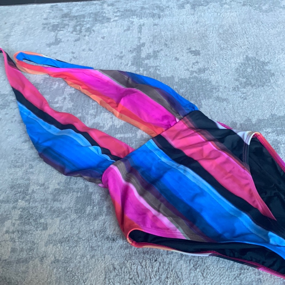 One piece plunge halter multi coloured swim suit